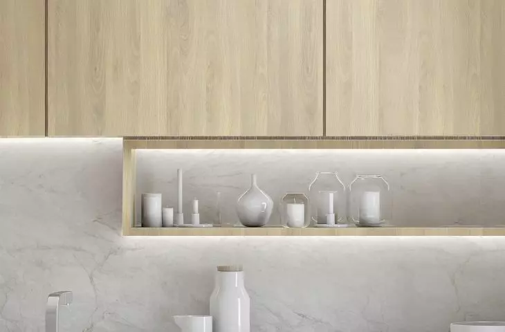 UltraFit countertop and countertop wall Marble Calacatta PK9024, laminated board Norwegian Beech PD7000 