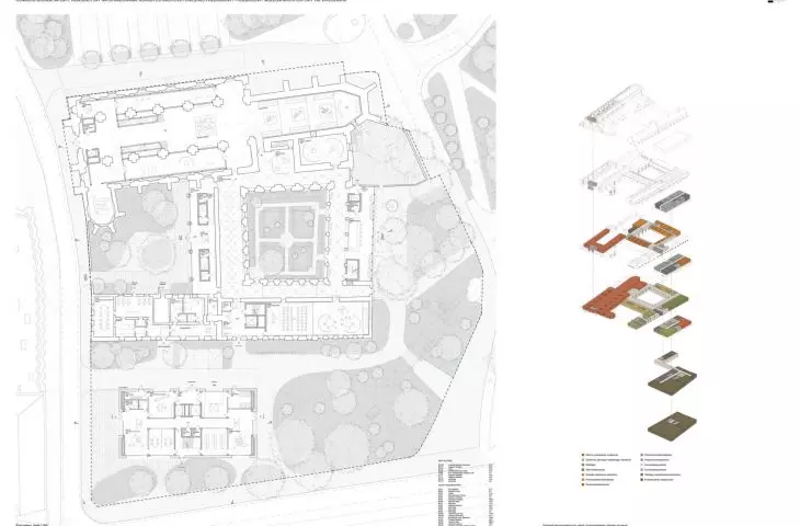 first floor plan and axonometric diagram of the functional layout of the museum complex