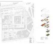 first floor plan and axonometric diagram of the functional layout of the museum complex