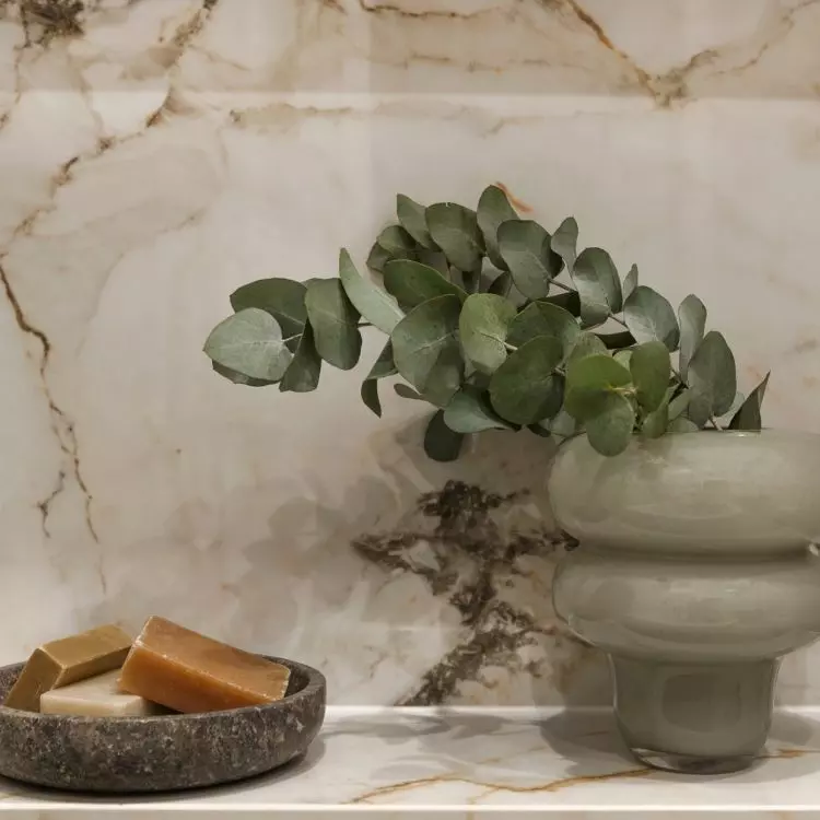 Bathroom arrangements are kept in natural colors