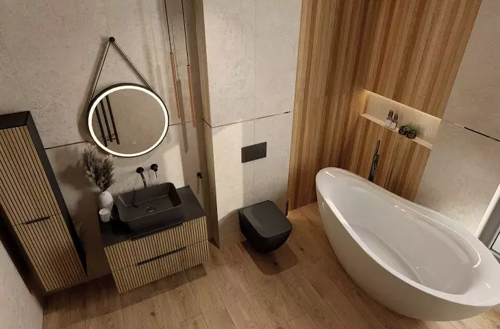 Onil Black wall-mounted bowl, Reus freestanding bathtub, Oklahoma Wood wall-mounted cabinet, Alegranza Black washbasin, Orion Mat Black concealed basin mixer, Ava mirror, Oklahoma Wood wall-mounted pedestal