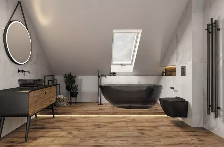 Miska wisząca Sinto Black 3.0, Wanna wolnostojąca Queen, Bateria wolnostojąca Orion Mat Black, Szafka stojąca Augusta, Umywalka nablatowa Queen, Bateria umywalkowa podtynkowa Orion Mat Black, Lustro Ava, Grzejnik wiszący Calentador Black