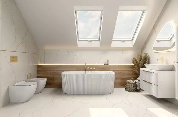 Wanna przyścienna Oklahoma, Bateria wannowa podtynkowa 4-otworowa Orion Brushed Gold, Miska stojąca Sofi, Bidet stojący Sofi, Bateria bidetowa Orion Brushed Gold