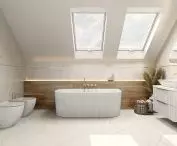 Oklahoma wall-mounted bathtub, Orion Brushed Gold 4-hole concealed bathtub mixer, Sofi standing bowl, Sofi standing bidet, Orion Brushed Gold bidet mixer