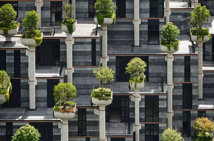 Shanghai's 1000 Trees shopping center - the columns on which the structure rests have been topped with pots in which deciduous trees and shrubs have been planted 