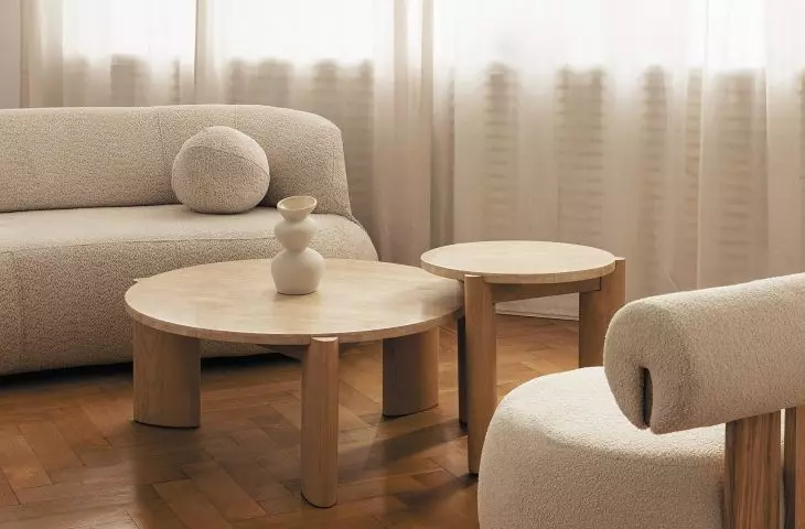 Elba, Medley living room sofa, coffee tables, travertine/ash Hana, lounge chair