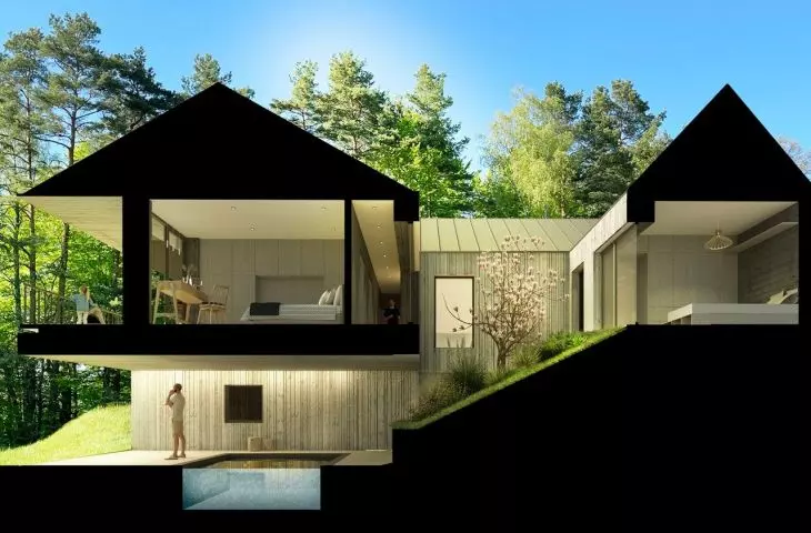 Heavily glazed facade from the view, accommodates all bedrooms and living room