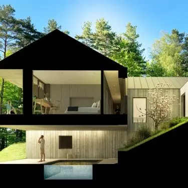 Heavily glazed facade from the view, accommodates all bedrooms and living room