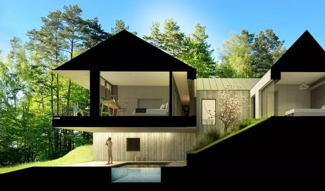 Heavily glazed facade from the view, accommodates all bedrooms and living room