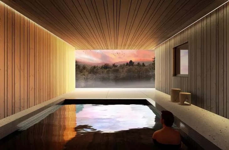 The swimming pool with a glass wall is hidden under the building