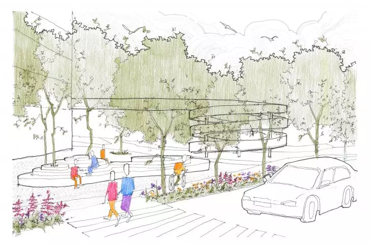 Visualization - square in front of the winding footbridge