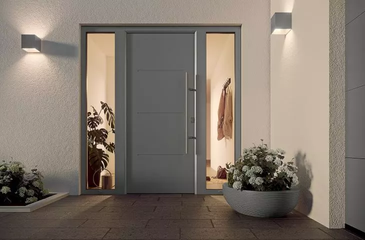 Thermo65 steel door, pattern 515, HB 38-2 stainless steel handle, CH 9007 matt deluxe color with optional side elements