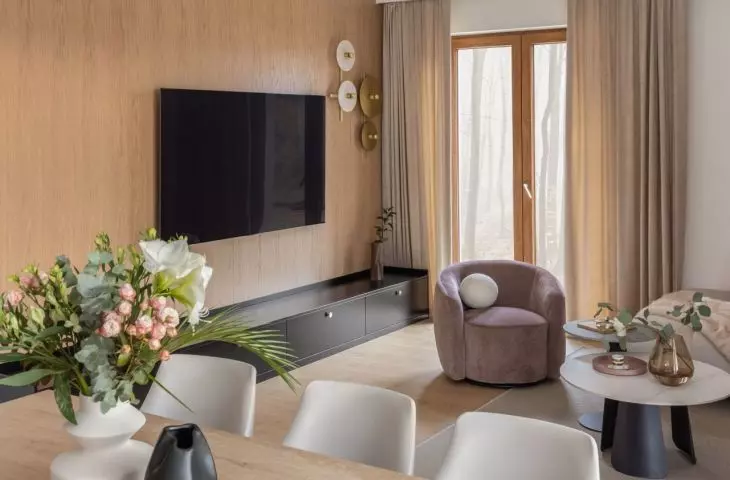 The wall with the TV was finished with wood