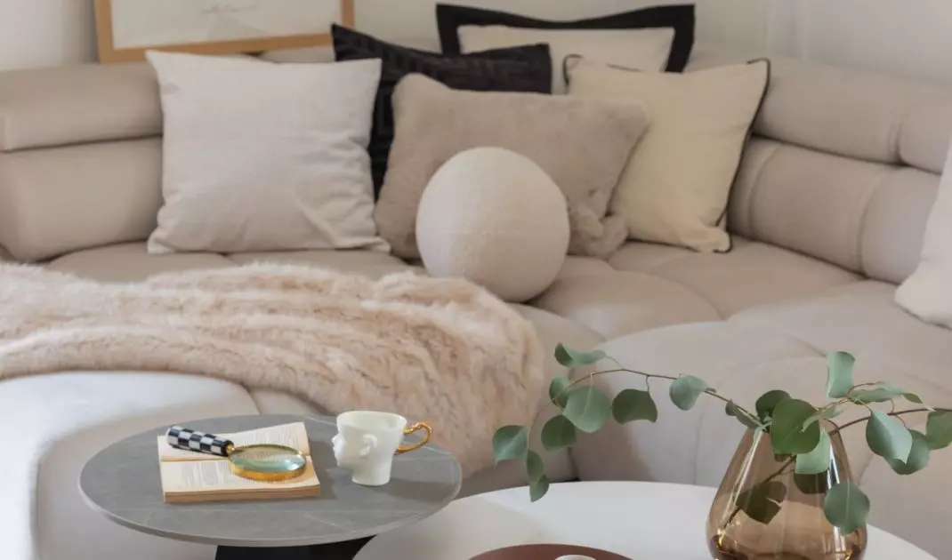 Next to the sofa stood designer coffee tables with organic shapes