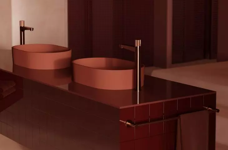 Two countertop washbasins were placed on the island