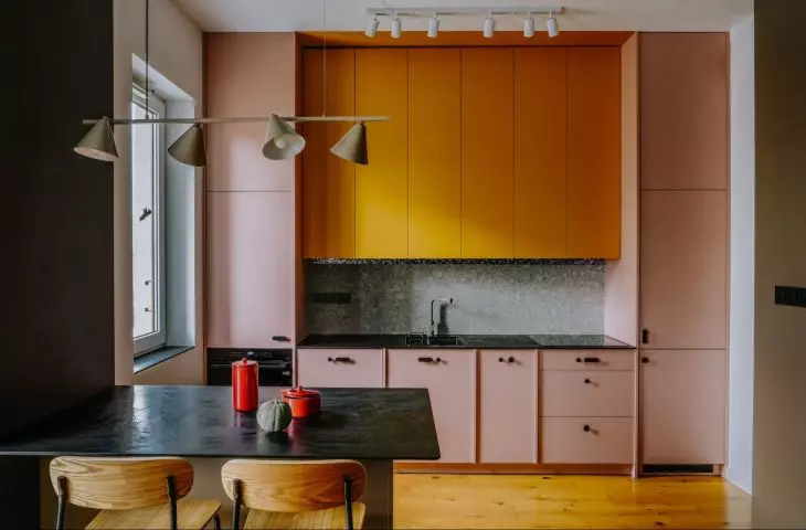 Pink and yellow kitchen