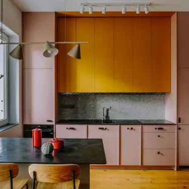 Pink and yellow kitchen