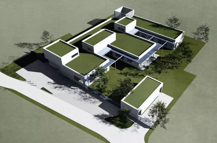 architekci zaprojektowali obiekt na planie zbliżonym do litery E z zielonymi patiami pomiędzy poszczególnymi blokami