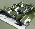 architekci zaprojektowali obiekt na planie zbliżonym do litery E z zielonymi patiami pomiędzy poszczególnymi blokami
