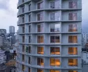 TOPAZ Shinokachimachi apartment complex in Tokyo - the building's unusual fan-like form is a response to the irregular urban fabric of the Shin Okachimachi district 