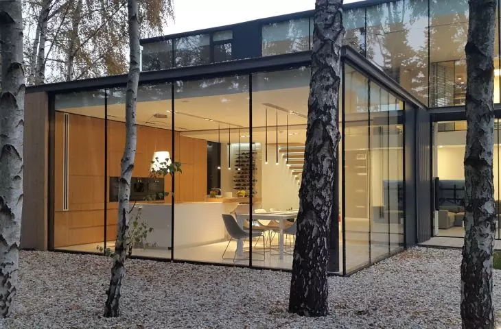 Large glazing provides a panoramic view of the birch grove