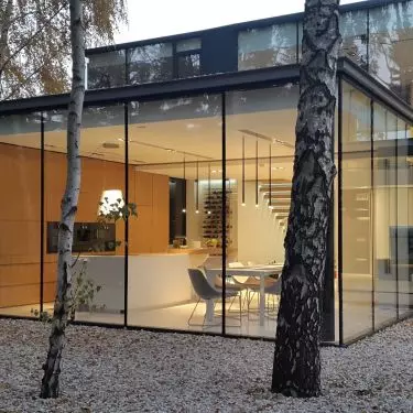 Large glazing provides a panoramic view of the birch grove