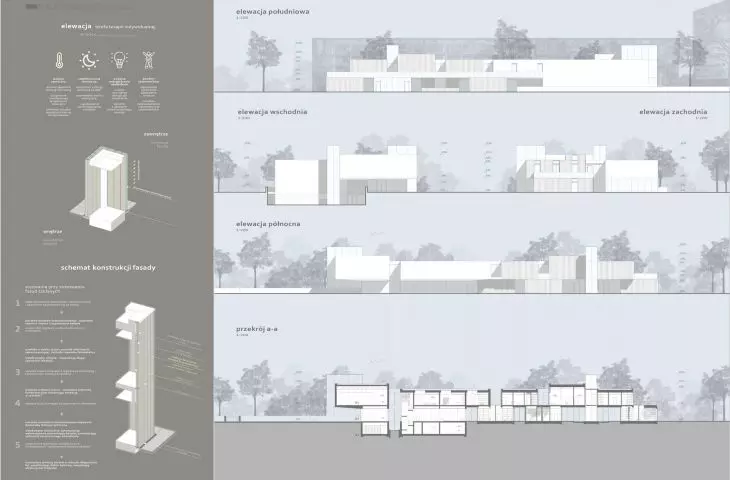 elevations, cross-section A-A