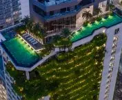 Hotel in Da Nang, Vietnam - bird's eye view of gardens and rooftop pool 