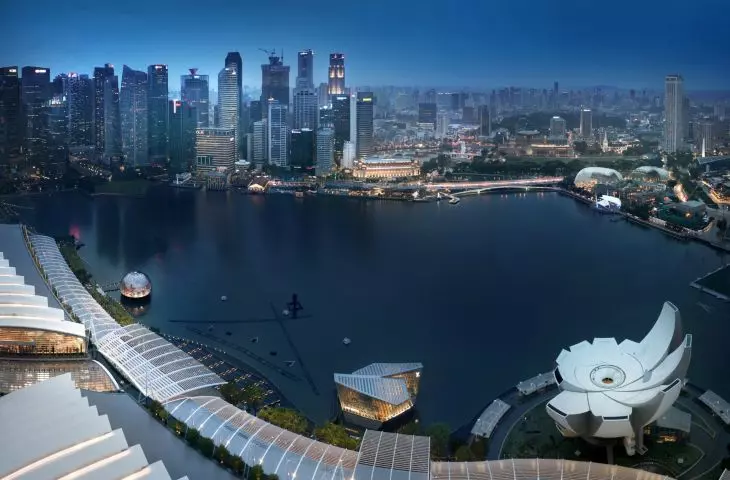 Panorama of Singapore and Apple store on Marina Bay waterfront 