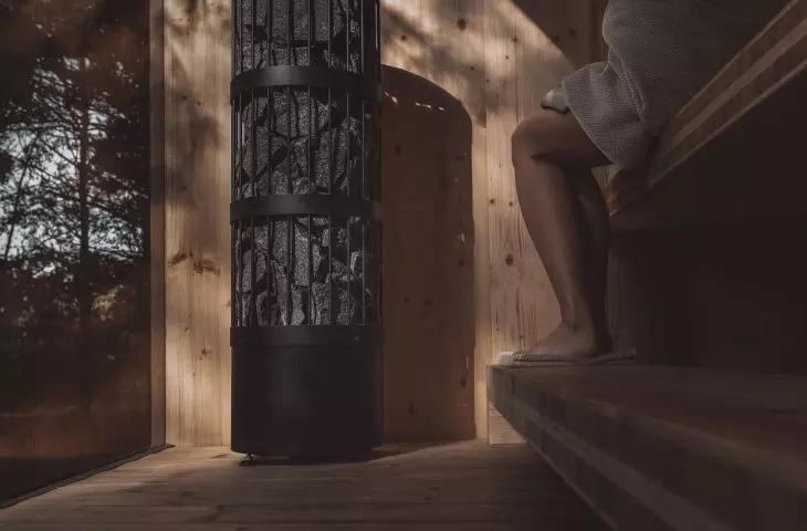 The walls and ceiling of the sauna are made of cross-laminated timber (CLT)