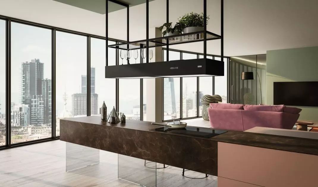 Island hoods often take on a striking designer form