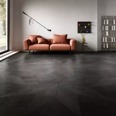 SLIDE wood parquet designed by Daniele Lago for Italian brand Listone Giordano with a trapezoidal pattern is perfect for underfloor heating systems