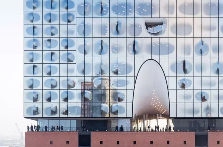 Elbphilharmonie in Hamburg, Germany - close-up on the glass facade of the building 