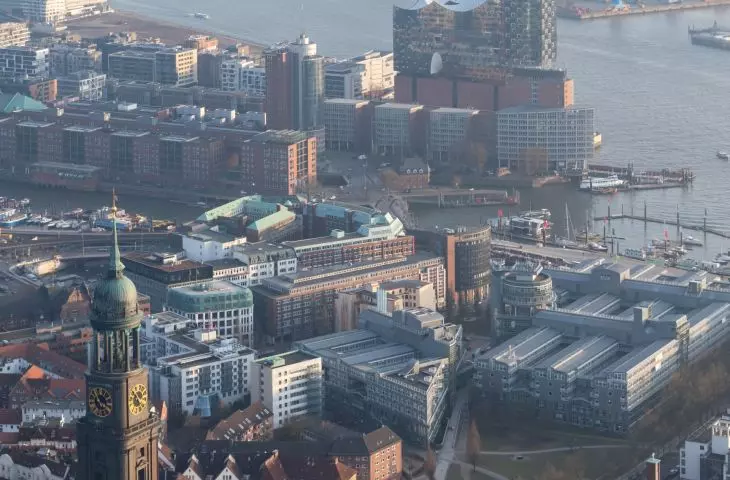 Elbphilharmonie in Hamburg, Germany - a bird's eye view of the building block
