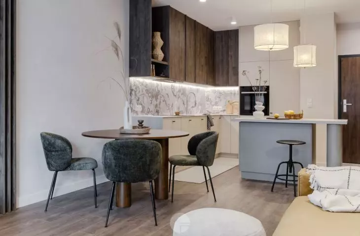 The apartment consists of three rooms: living room with kitchen, bedroom and bathroom