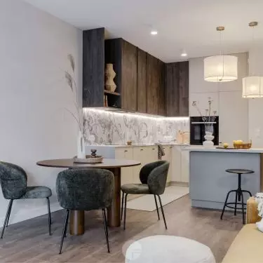 The apartment consists of three rooms: living room with kitchen, bedroom and bathroom