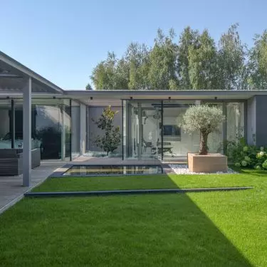 The composition of the building provides privacy for residents