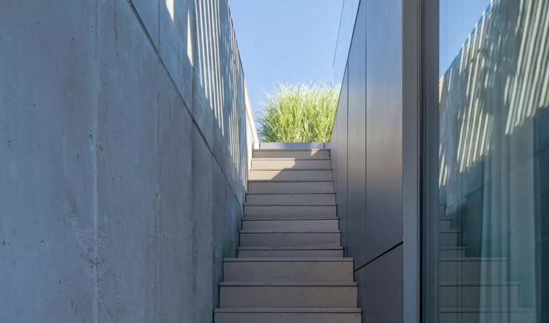 The combination of wood with glass and concrete fits perfectly with the modern, minimalist character of the building