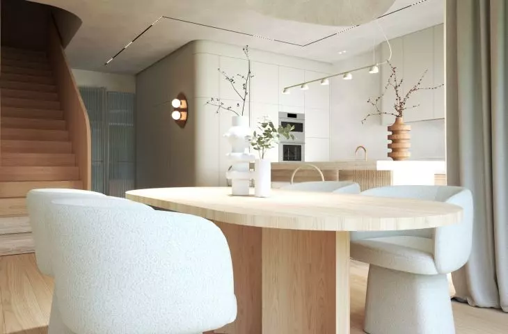 Most of the furniture was custom designed. In the dining room, for example, the centerpiece is a table with a zigzag motif.