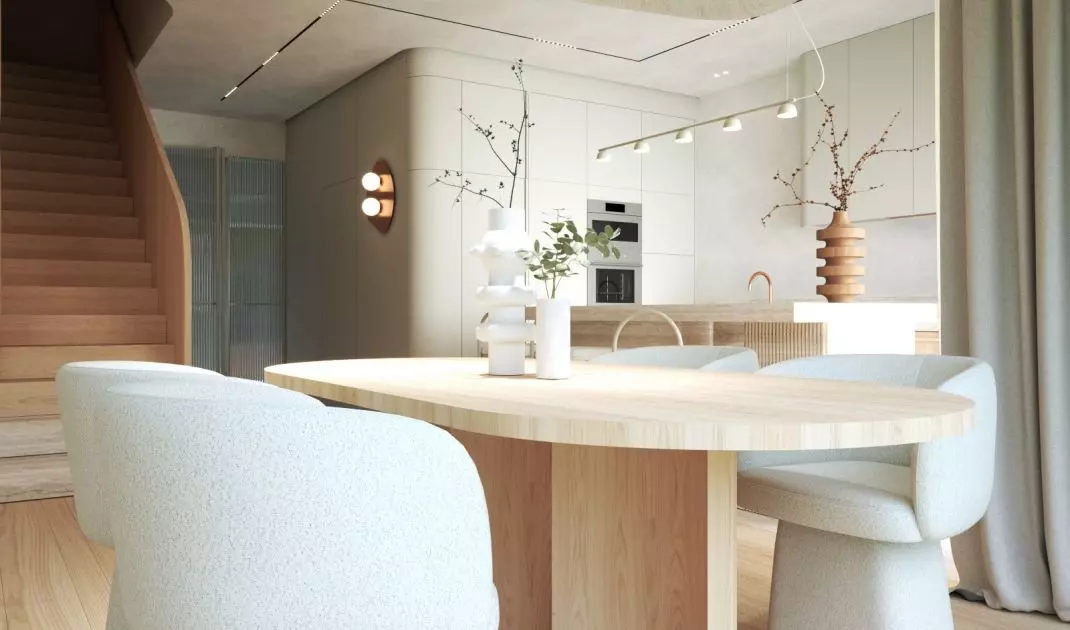 Most of the furniture was custom designed. In the dining room, for example, the centerpiece is a table with a zigzag motif.