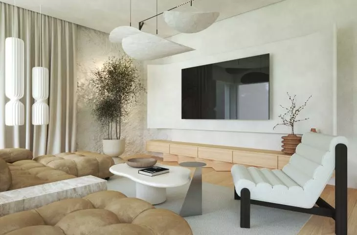 Curved corners of walls and furniture give the interior a flowing feel
