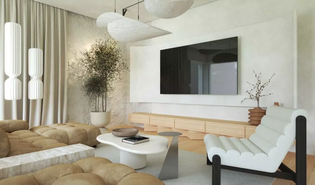 Curved corners of walls and furniture give the interior a flowing feel