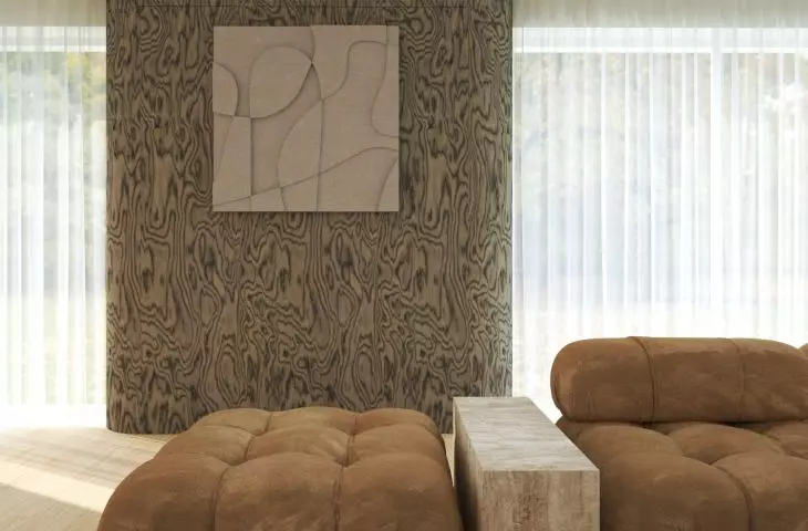 The living area is distinguished by the light coloring of wood and veneer