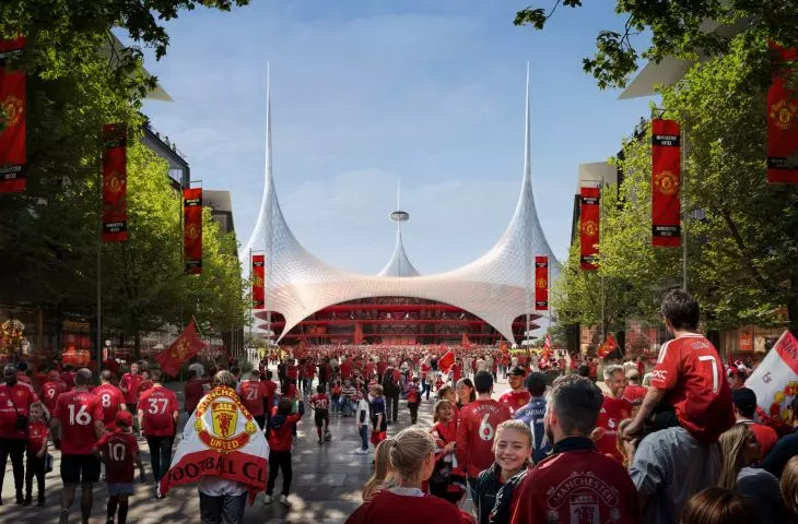 Dzielnica stadionu Old Trafford w Wielkim Manchesterze — dach wsparty na trzech masztach nawiązuje do trójzębu z herbu klubu