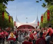 Dzielnica stadionu Old Trafford w Wielkim Manchesterze — dach wsparty na trzech masztach nawiązuje do trójzębu z herbu klubu