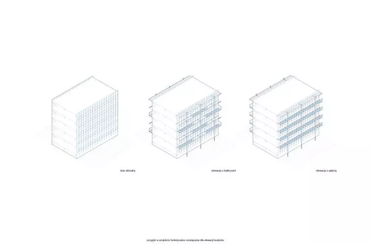 axonometry of elevation fragment: original, with balconies, with gallery