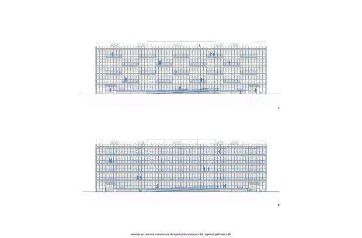 Facades after modernization and adaptation process; with balconies, with gallery