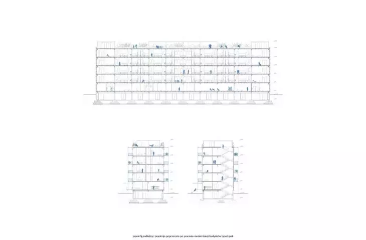 Cross-sections after the modernization and adaptation process; longitudinal cross-section and cross-sections