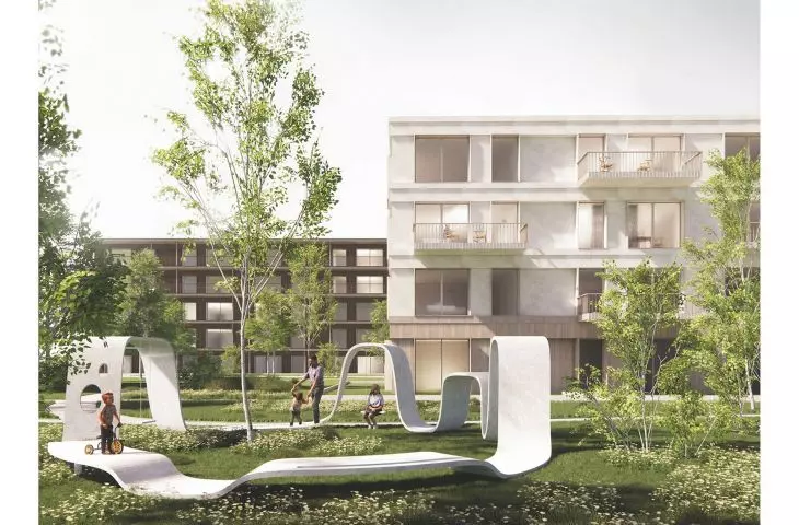 view of the space between buildings with a playground