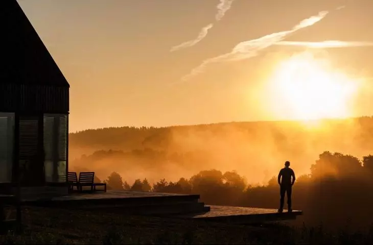 View of the house in Pobondzie at sunset
